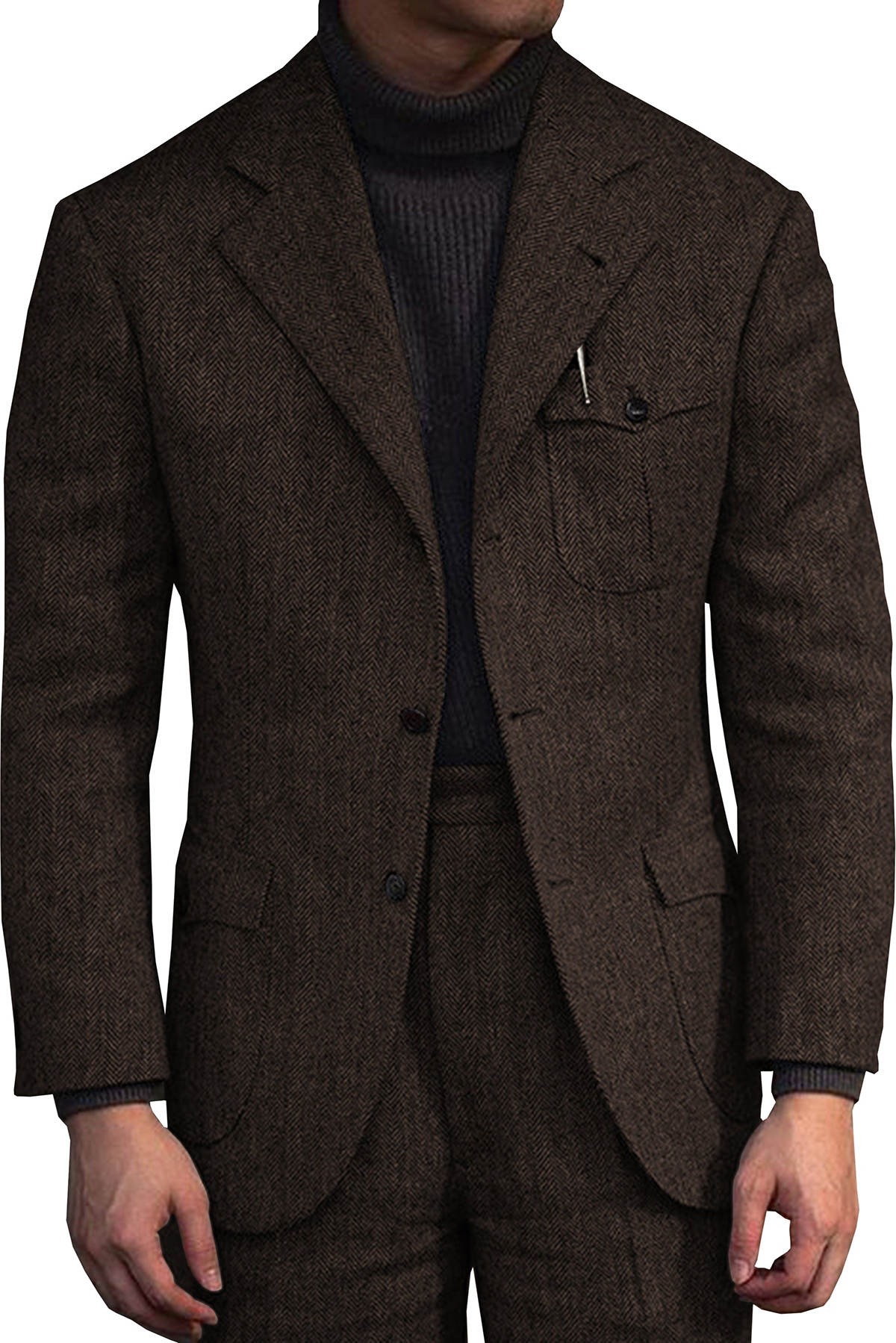 2 Pieces Mens Wedding Tuxedos Tweed Wool Winter Warm Groom Short Coat Outdoor Wear Jacket Pants Suits