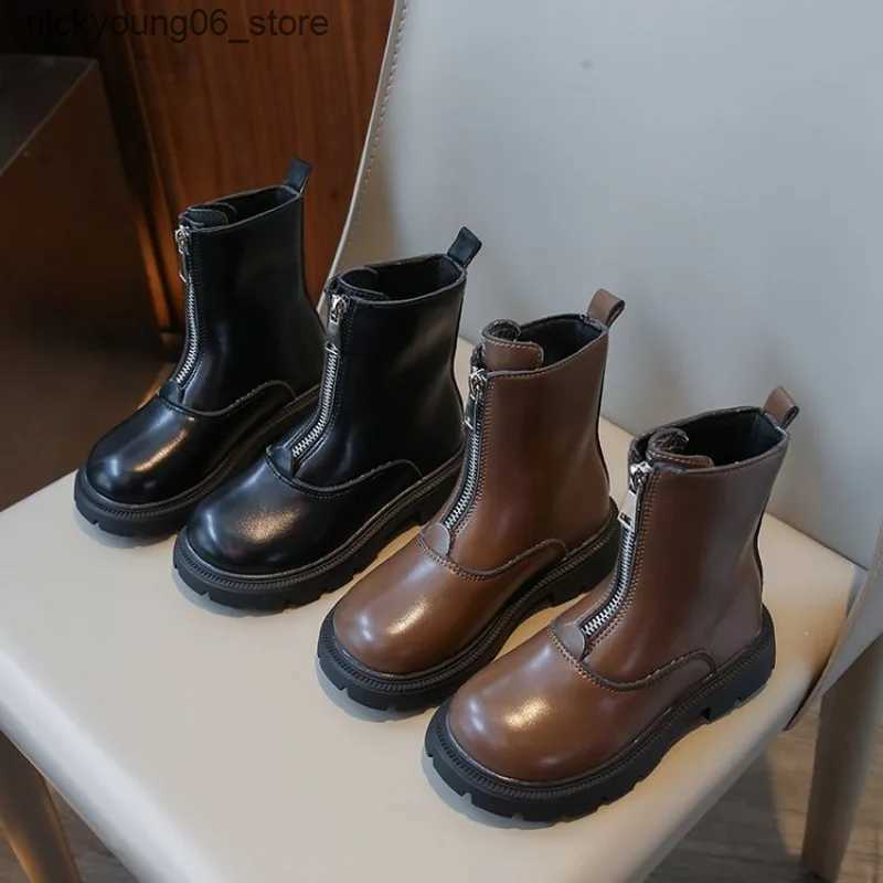 Boots Kids British Style Leather Boots New 2023 Autumn Girls Waterproof Non-slip Rubber Outsole Zipper Ankle Boots Girls Fashion Shoes L240910