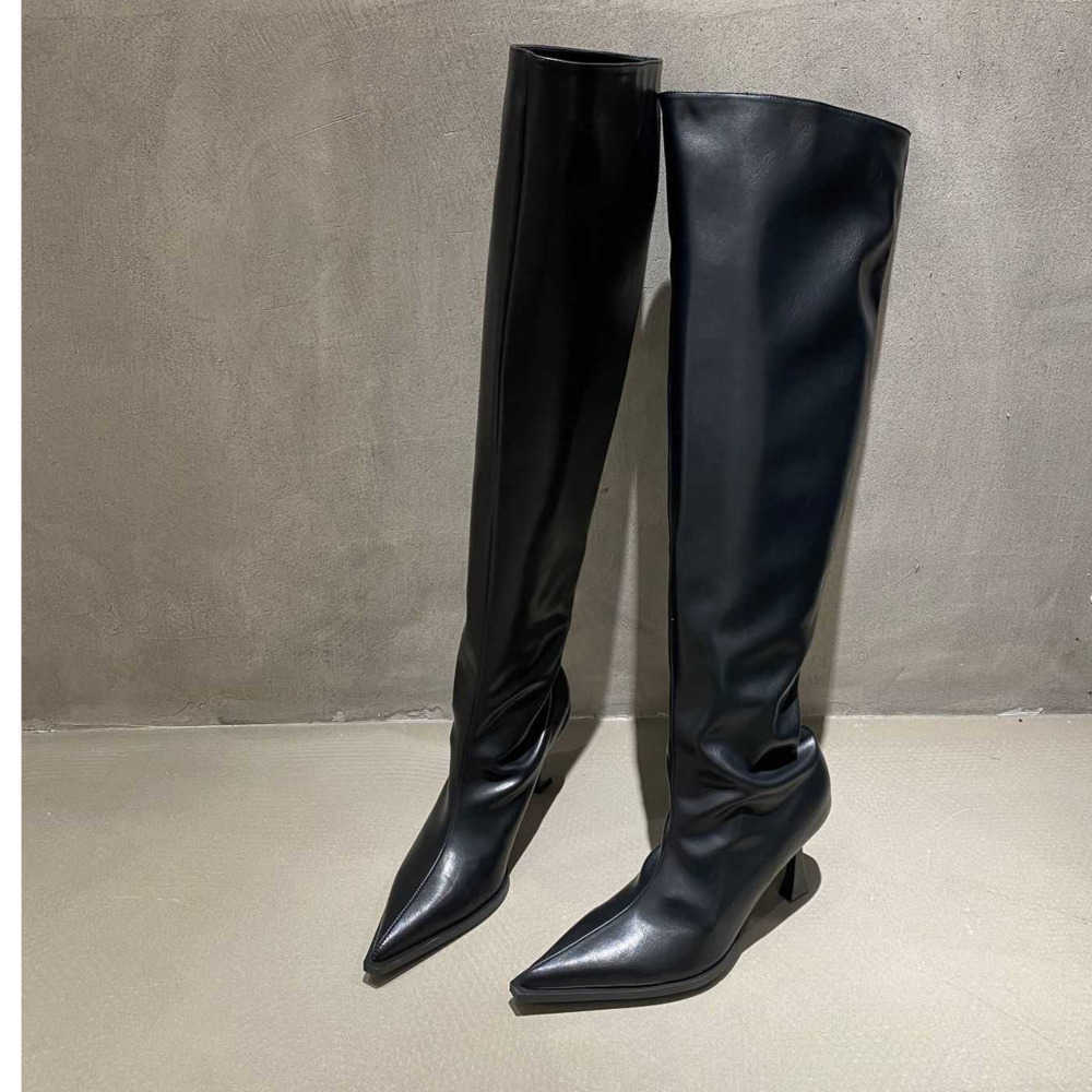 Spicy Girl Up Martin Boots Wide Tube Long Fashion Boots For Women Slimming Pointed High-heeled Soft Leather Boots Knee Long Tube Boots 240826
