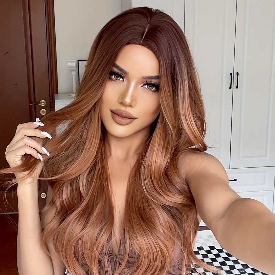 Long Wavy Red Brown Synthetic Wigs Dark Root Ginger Curly Cosplay Wig for Black Women Party Daily Cosplay Heat ResistantXJ241008
