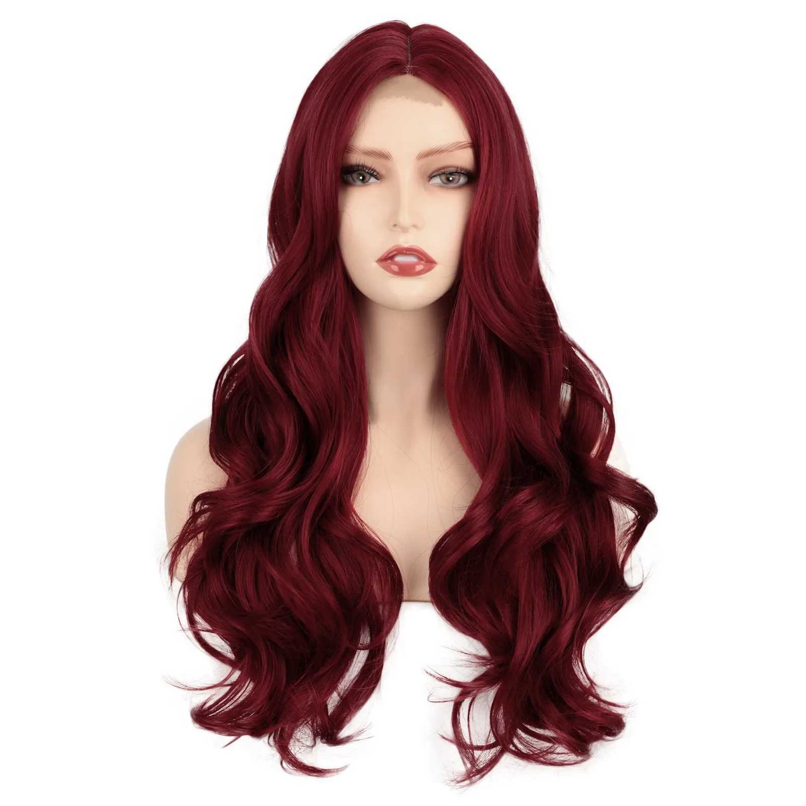 Long Wine Red Lace Front Wig For Women Middle Parts Long Wavy Human Hair Wig With Lace Front Wig Caps Lace Front Wigs for WomenXJ241008