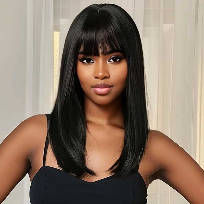 Wig female comic strip hair bangs medium long hair black chemical fiber high temperature silk mechanism head coverXJ241008