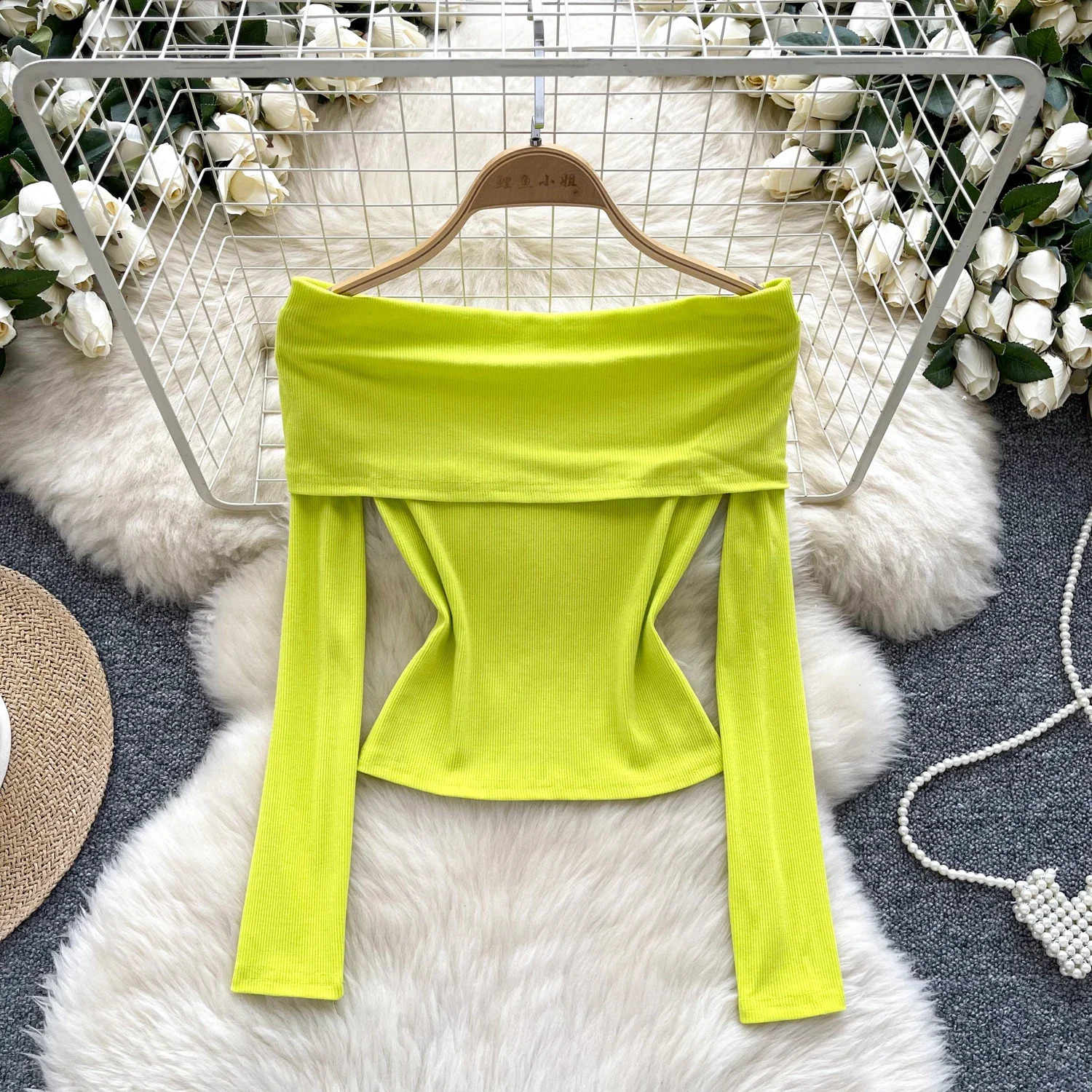 Retro collar ultra-thin shoulder bottom long sleeved knitted top Korean womens streetwear high street autumn winter shirt 240927