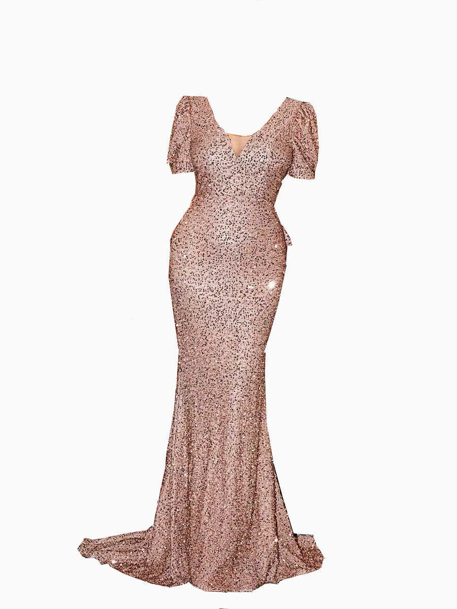 Casual Dresses Autumn Winter Fashionable V-neck Bag Hip Glitter Dress Mid Waist Bubble Sleeve Long Style Elegant Evening Gift Urban Sexy Dresses 24092