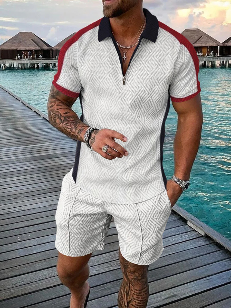 Summer Mens Short Sleeve Zipper Polo Shirt Street T-shirt Two Casual Sports Shirts 240930CJ