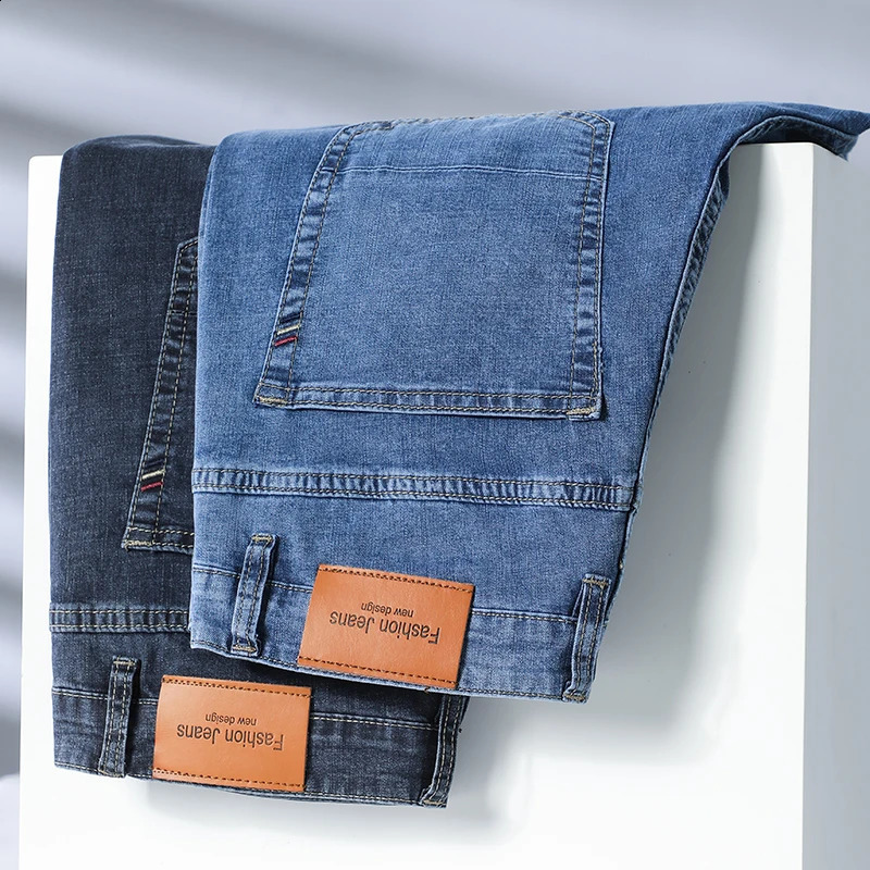 SpringSummer Mens Straight Lightweight Cotton Stretch Denim Business Casual High Waist Thin Grey Jeans 241008