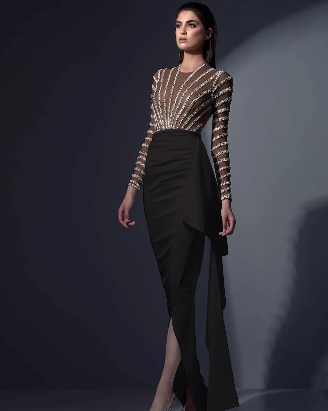 Sexy Ashion sees through elegant split style lesbian long sleeved Vneck striped sexy dress eyecatching sparkling party Vestidos 241007