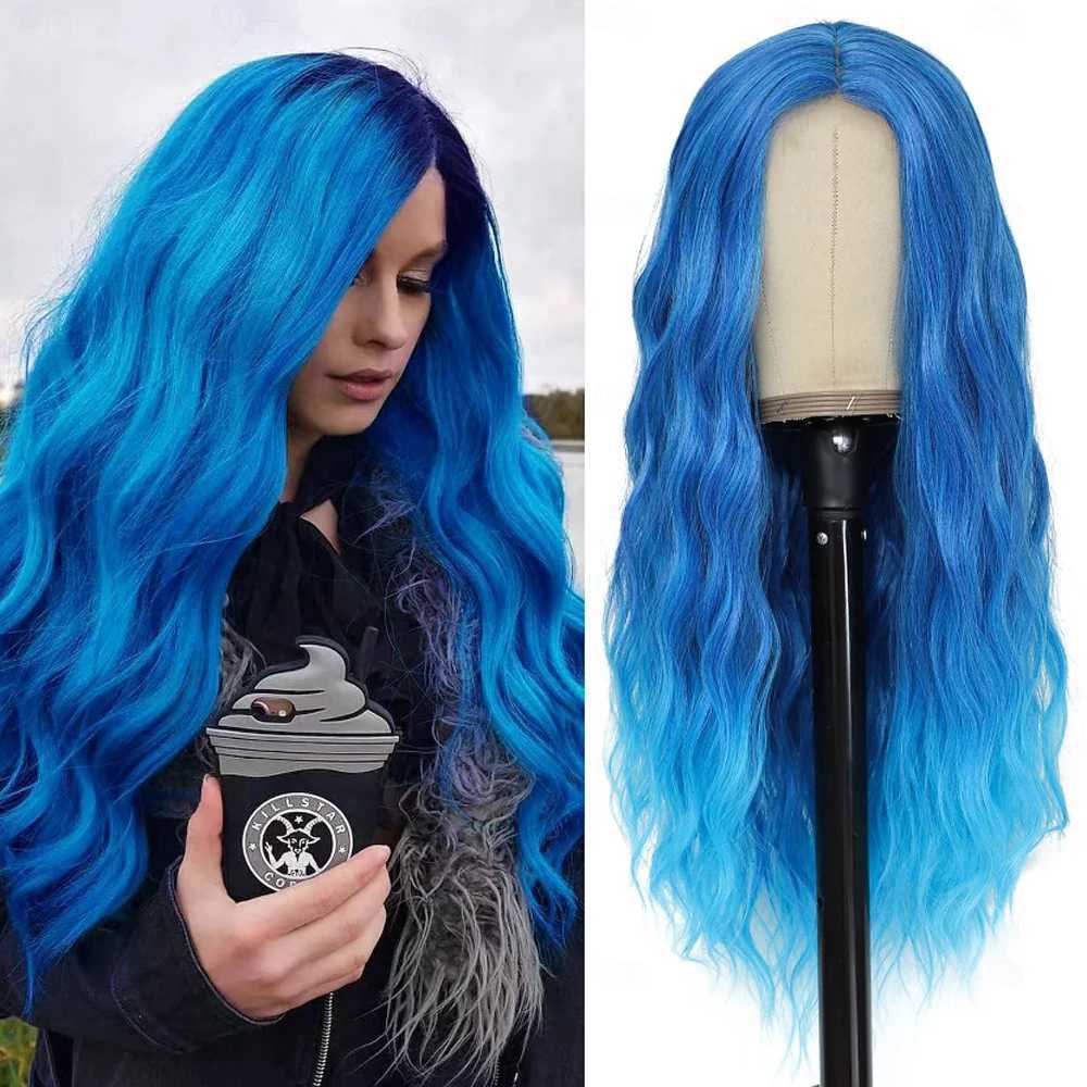 Synthetic Hair Blue Long Wavy Wigs for Women Middle Part Ombre Blue Wig 26 inch Heat Resistant Fiber Wigs for Daily Party UseXJ241008