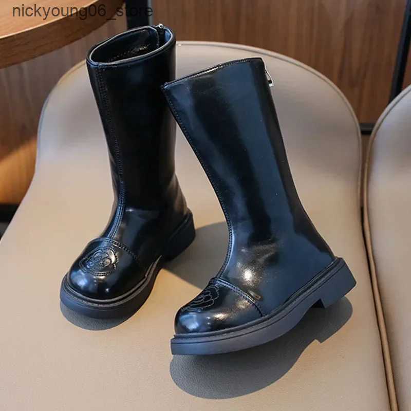 Boots Baby Girls Knee-length Boots for Fall Winter Student Uniform Catwalk Party High Top Dress Shoes Girl Flowers Cotton Shoes L240910