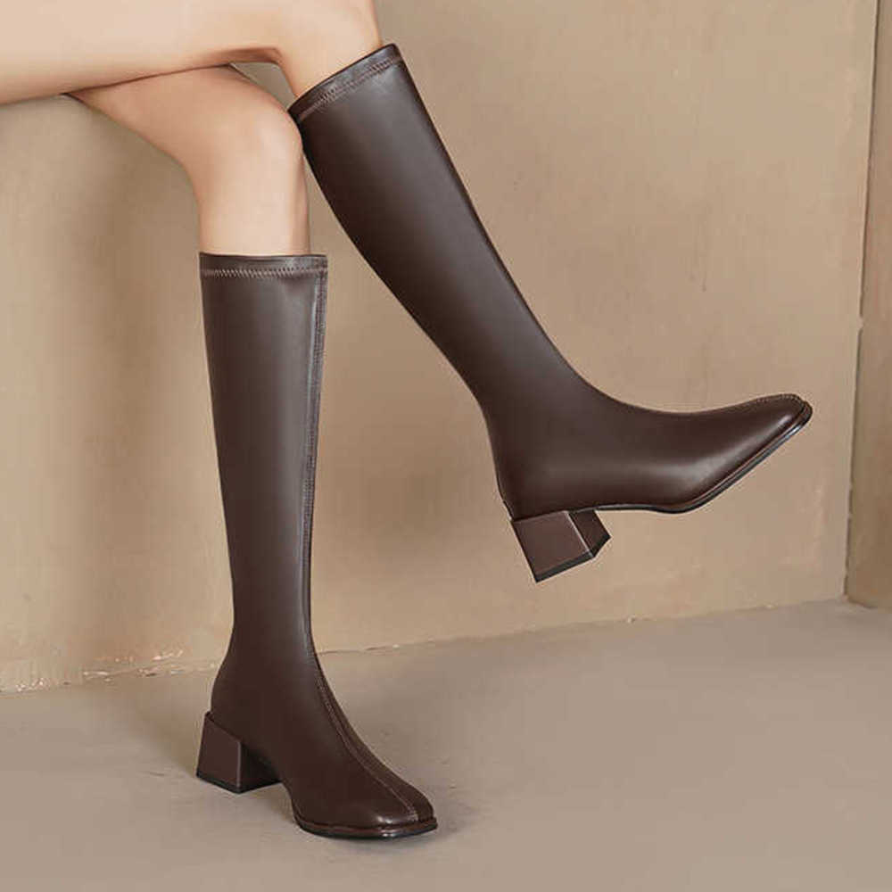 Leather Elastic Martin Boots For Women Square Toe Thick Heel Long Tube Boots For Women Zipper Back Slimmer The Knee Knight Boots 240826