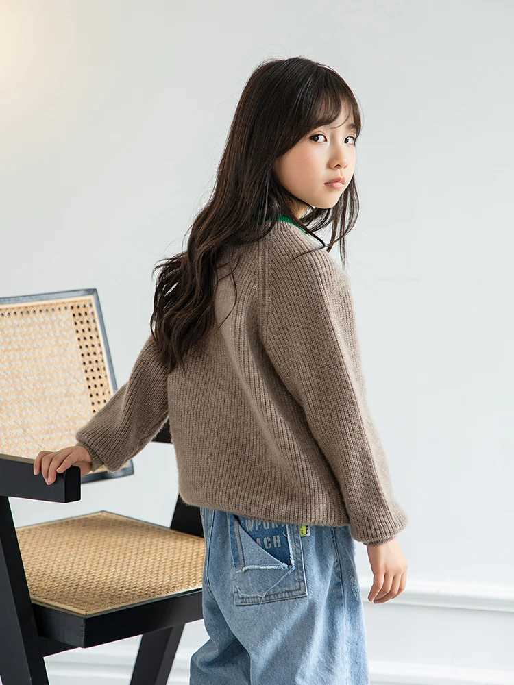 Children 100% Wool Color Match Crewneck Fisherman Rib Pullover Boys Girls Kid Heavy Sweater Teenager Tops Jumper WinterXJ241008