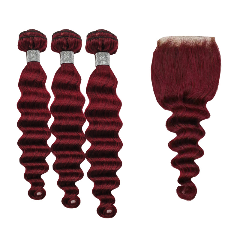 Loose Deep Brazilian Human Hair 99J Burgundy Color 3 Bundles With 4X4 Lace Closure 4 PCS/lot Curly Hair Wefts With Closures