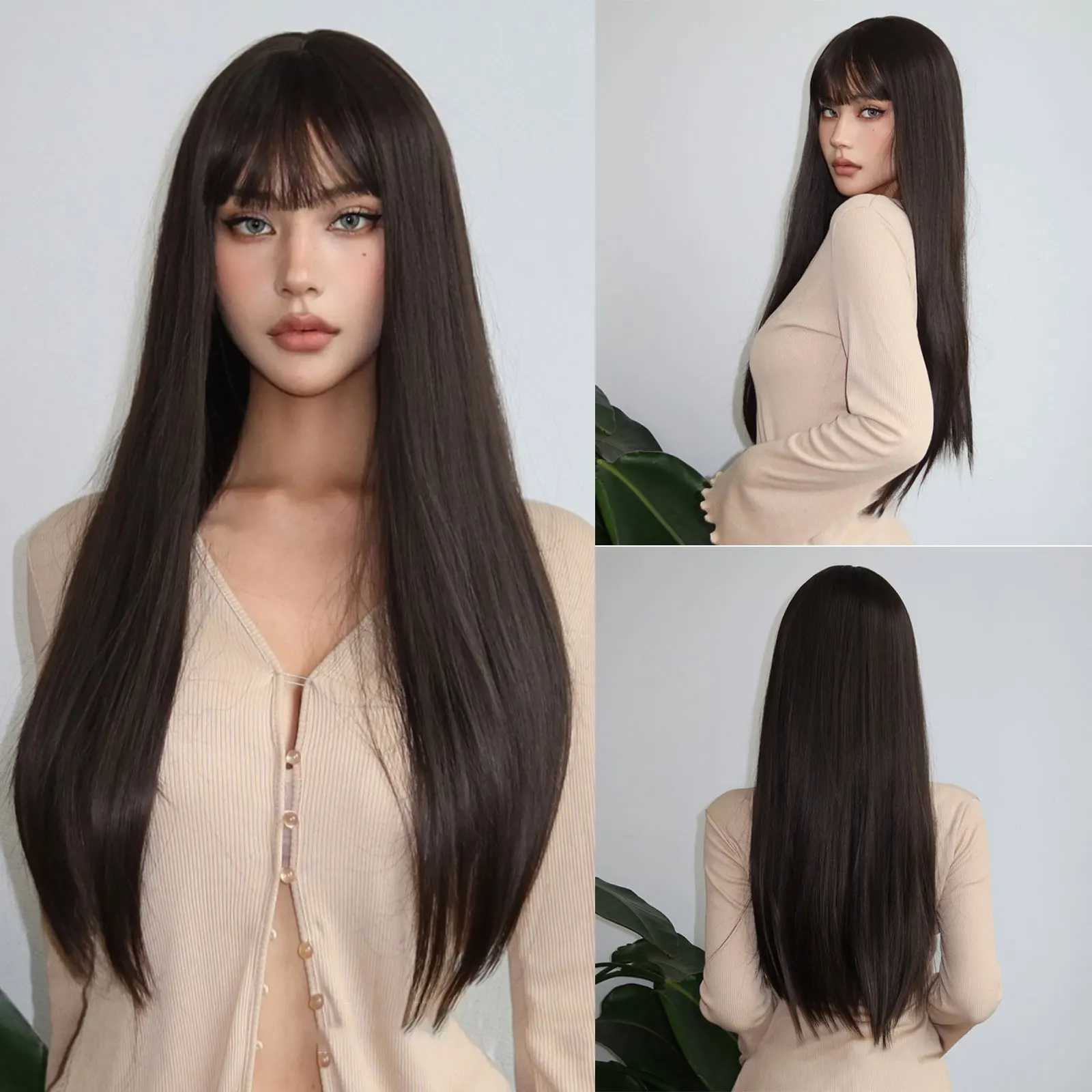 Long Straight Black Wig with Bangs 26 Inch Black Brown Natural Hairline Female Synthetic Wig for Women Daily Wear Mothets DayXJ241008