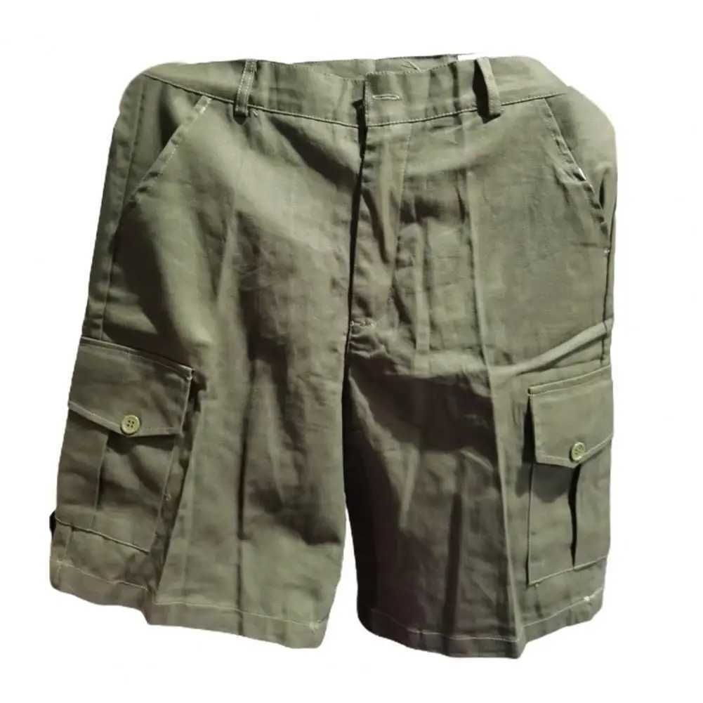 Mens solid color button decoration loose fitting multi pocket wide leg pants summer short mens shortW240713