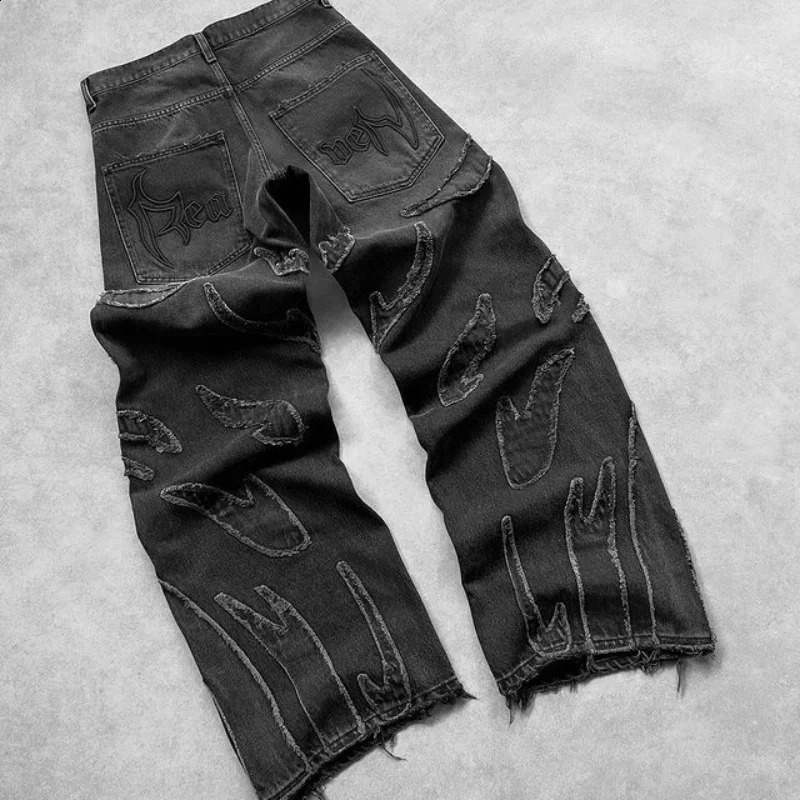 Baggy mens jeans Y2k hip-hop Distressed retro black pants oversized embroidered Harajuku Gothic wide leg Trouser streetwear 241008