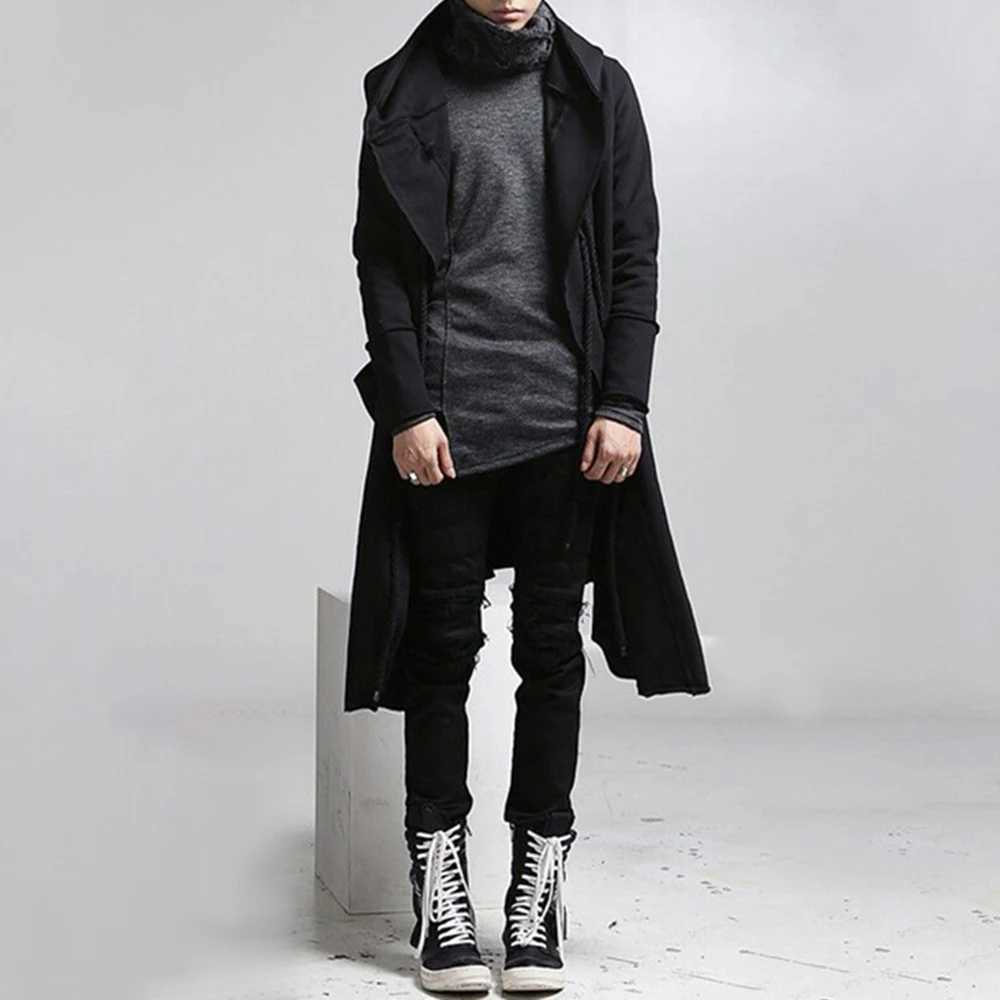 Mens trench coat Korean dark style autumn and winter cool windproof hip-hop medium length fashionable mens hooded sweatshirt W241007