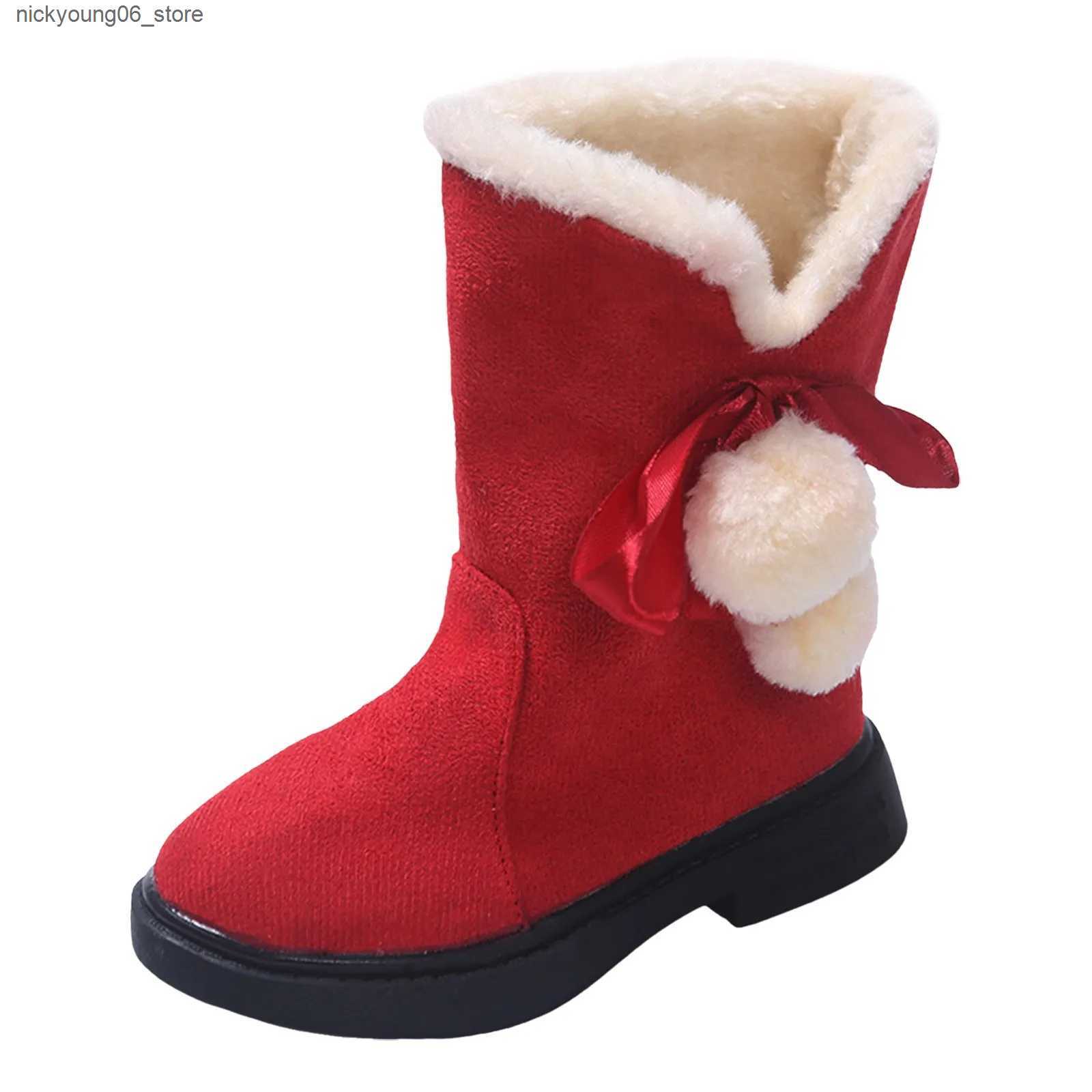 Boots Girls Winter Boots Warm Plush Christmas Red Boots Cute Furry Children Cotton Shoes Anti-slip Kids Students Rubber Snow Boots L240910
