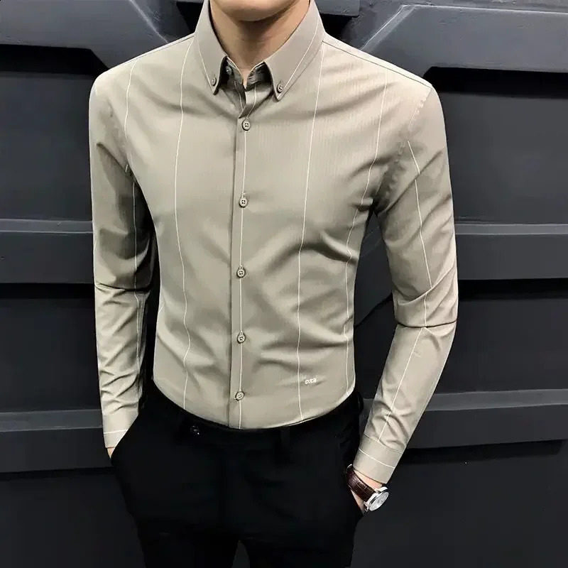 Top tier formal mens office shirts and shirts striped dresses business black social buttons cool Asian elegance I 241007