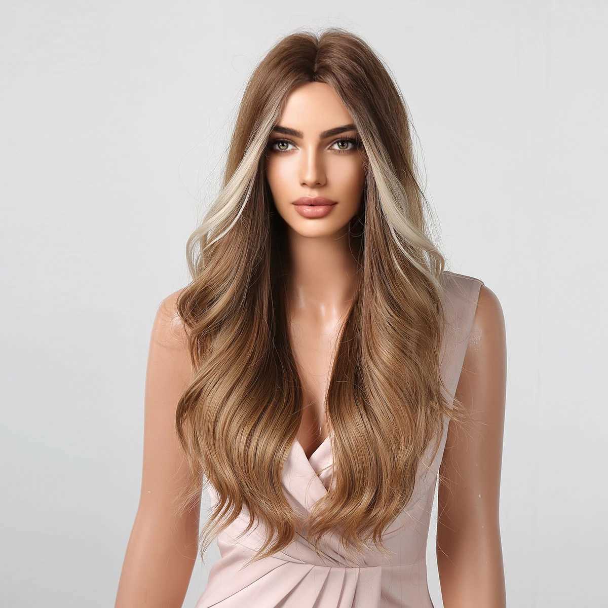 ALAN EATON Long Brown Synthetic Wigs Ombre Hair with Highlight Brown Body Wavy Daily Wig Soft Fluffy High Temperature Party UseXJ241008