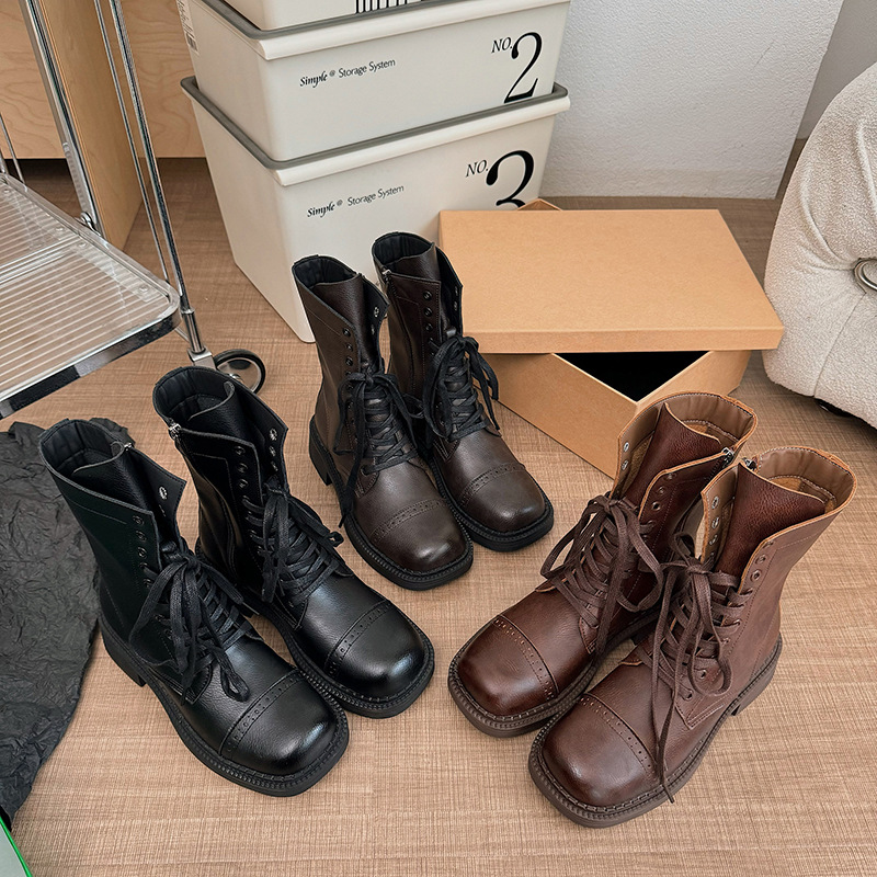 Women's Lace-Up Square-Toe Fashion Short Boots cbf4