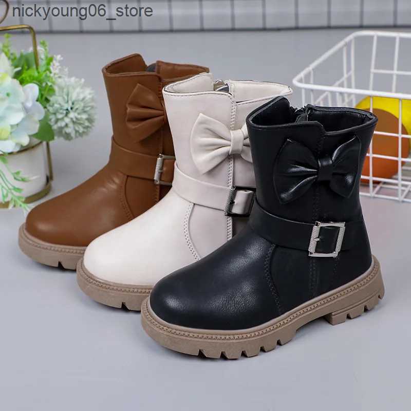 Boots Kids Martin Boots 2024 New Autumn Winter Plush Children Shoes Korean Style PU Leather Waterproof Bowtie Girls Princess Boots L240910