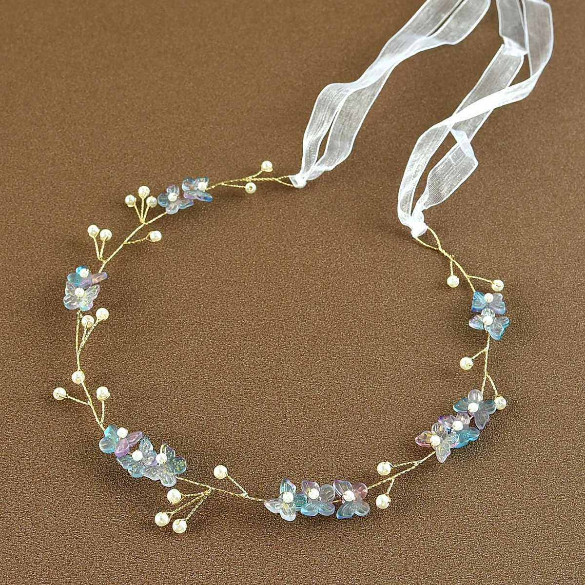 Bridal hair accessories wedding womens pearl hair fairy pink earrings girls head flower crown gold wire decoration women W241007