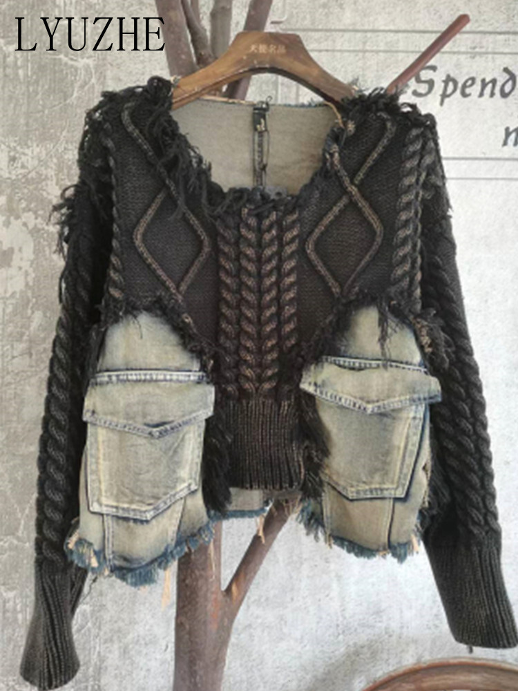 Women Black Green Vintage Denim Knitted Splice Pullover Fashion Classic Irregular Sweater Spring Autumn 2024 Top Lwl303