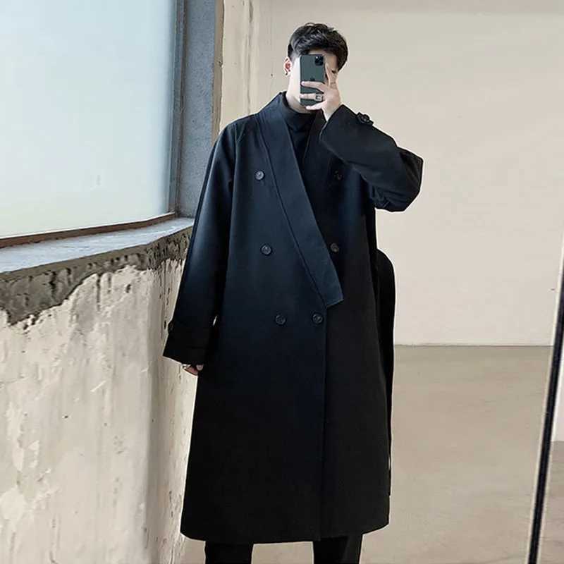 Mens Irregular Double breasted Trench Long Coat with Belt 2022 Autumn/Winter New Loose and Elegant Windproof Machine W241007