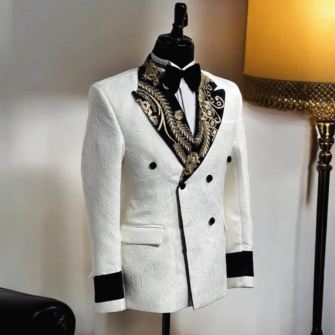 Elegant Wedding Suits Peaked Lapel Jacket 2 Piece Set Appliqued Jacquard Men's Tuxedo Tailored Dinner Prom Groom Blazer Custom Made(Coat+Black Pa