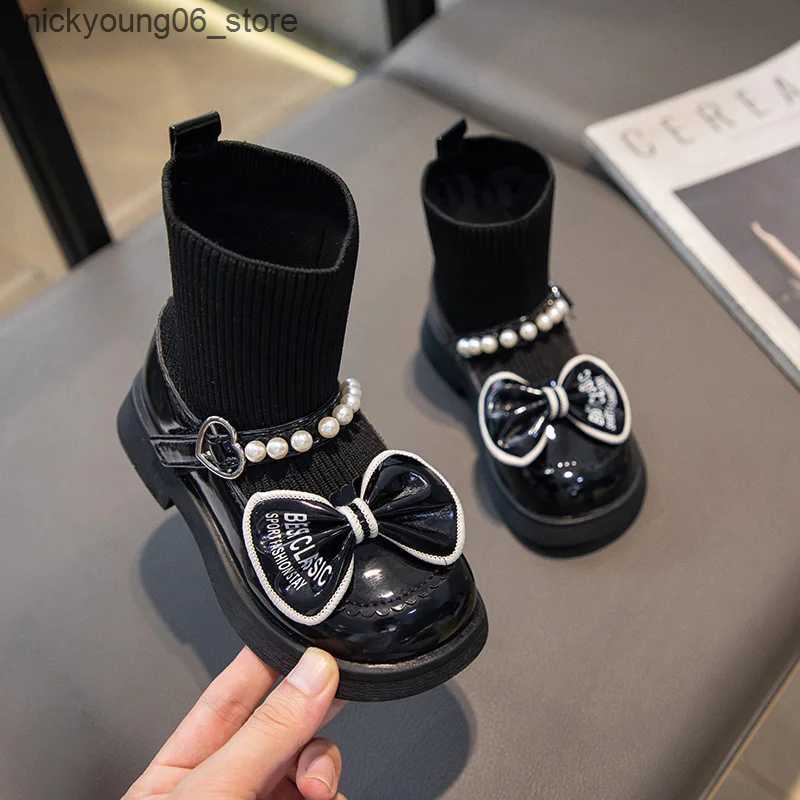 Boots Girls Socks Boots Kids Ankle Boots with Bow-knot Fashion Elegant Glossy UK Uniform Children School Princess Boots Anti-Slippery L240910