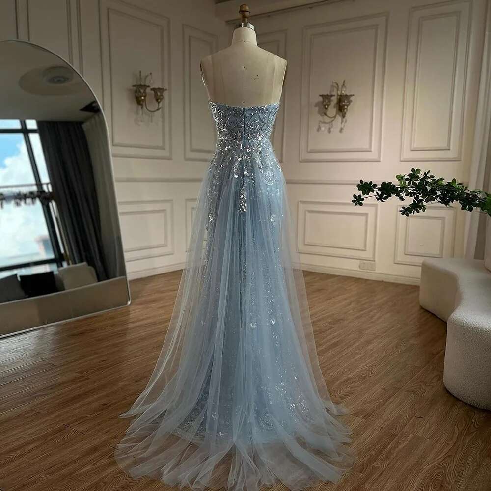 Wasisi 2024 Arabic Blue Strapless Mermaid Evening Gown with Tulle Overskirt Beaded Dress for Women's Party ELA72639