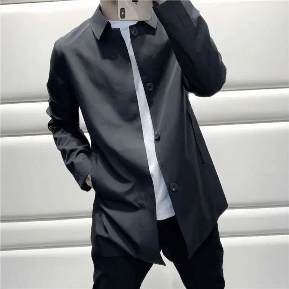 New 2023 Spring and Autumn Fashion Casual Loose Fit Mens Medium length Trench Coat Thin Regular Collar W241007