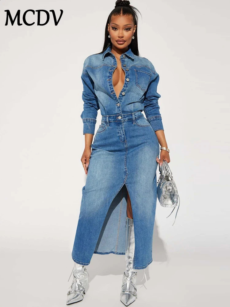 MCDV denim split style womens long skirt autumn sleeved single chest pocket dress with lapel office jeans 241007