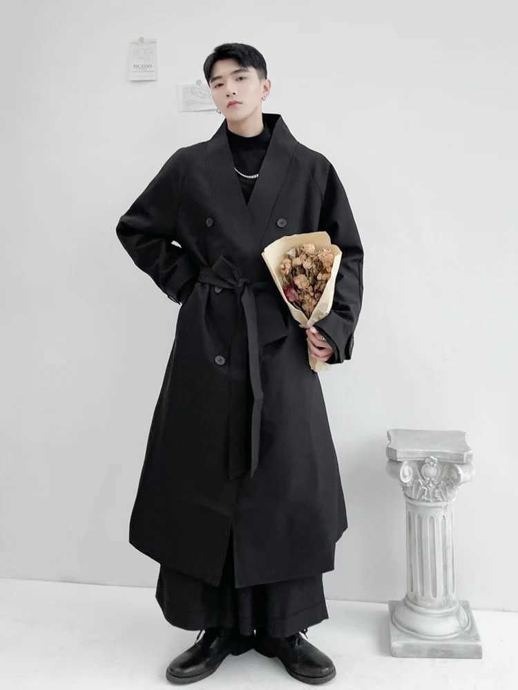 Mens fashionable loose knee coat autumn personalized large collar mid length double chest lace windproof machine W241007