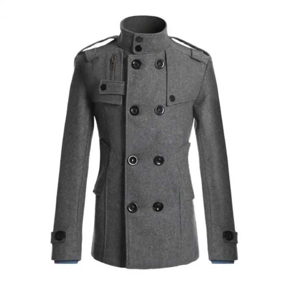 Mens windproof coat solid color double-layer wool coat formal business winter coat casual work clothes W241007