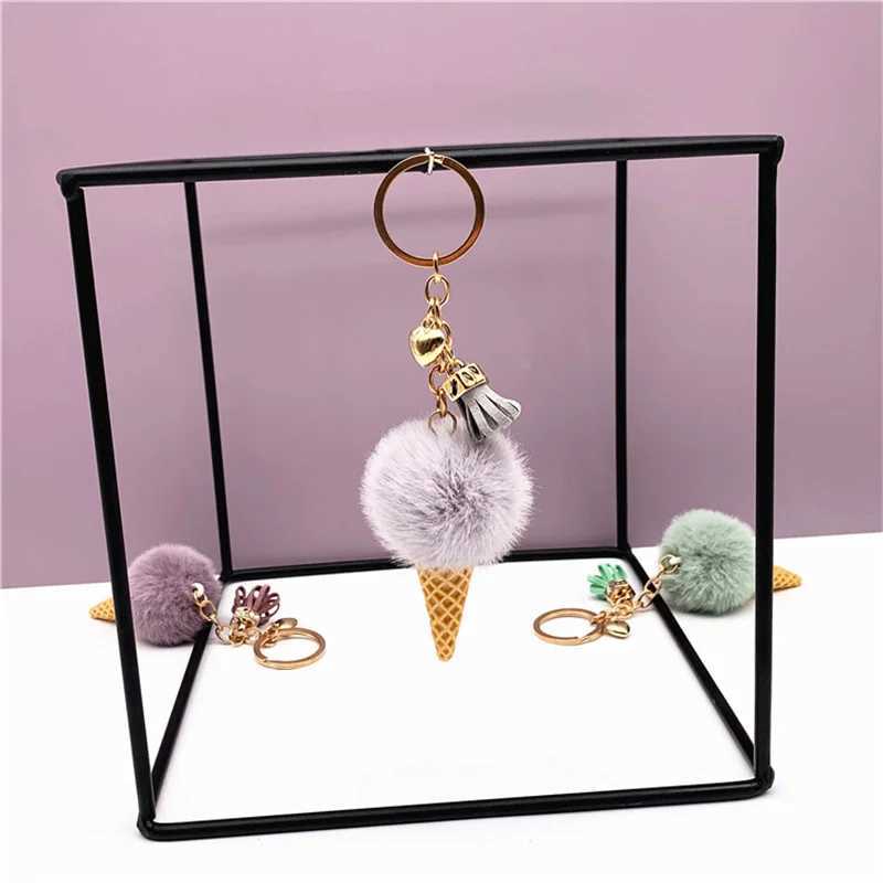 New Ice Cream Fluffy Ball Keychain Ring Pompon Pendant Keychain Cute Cartoon Keychain Cone Suspended Car GiftsX241008