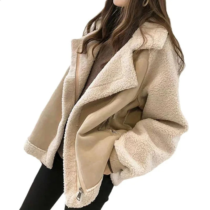 Sheepskin coat model thick warm fur as loose deer velvet jacket womens clothing zipper comfortable skin friendly 241007