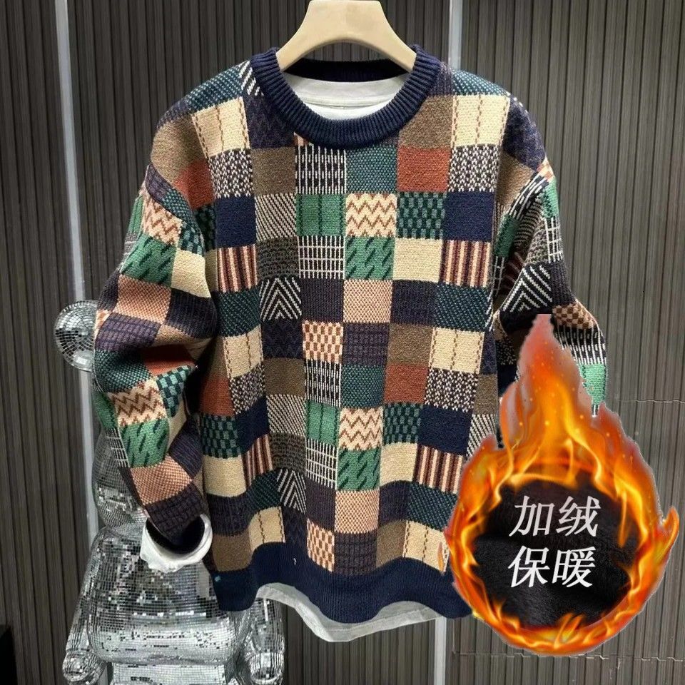 European loose casual checkerboard round neck long sleeved sportswear 2024 autumn and winter new item with plush warm men's shirt