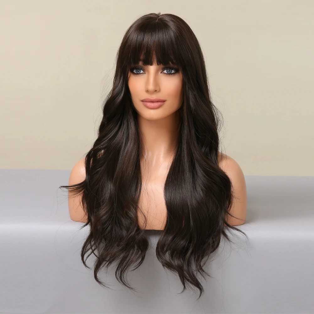 Long Wavy Black Brown Synthetic Wigs With Bangs Natural Curly Hair Wigs for Women Heat Resistant Fiber Wigs for Daily CosplayXJ241008
