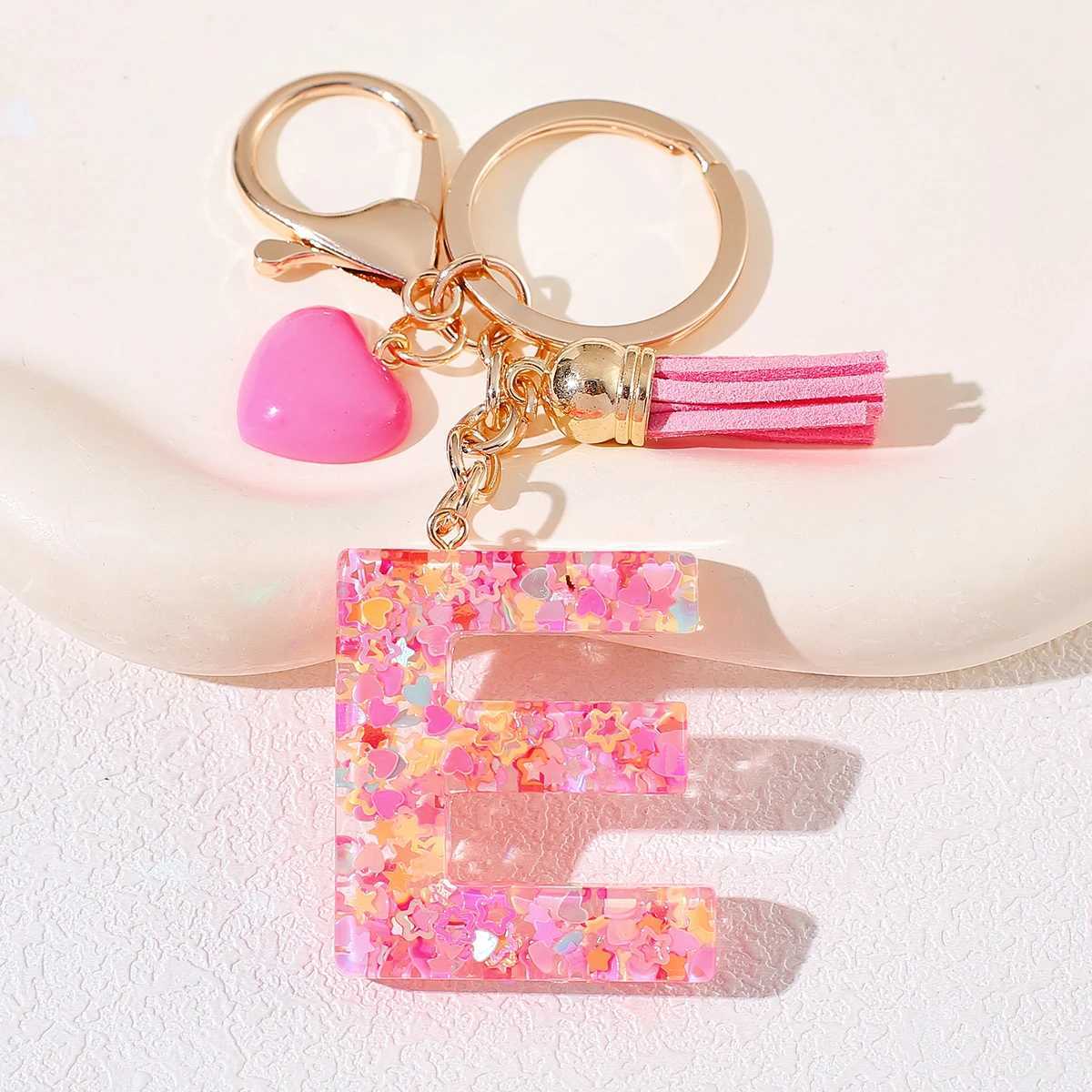 Pink English letter keychain with tassel Love keychain Crystal drop glue initial pendant girls backpack hanging holiday giftX241008