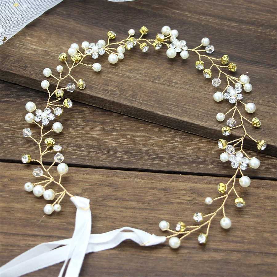 New Childrens Bridal Gold/Silver Colored Flower Ribbon Hair Headbands Womens Headwear Wedding Bridal Hair Jewelry Accessories W241007