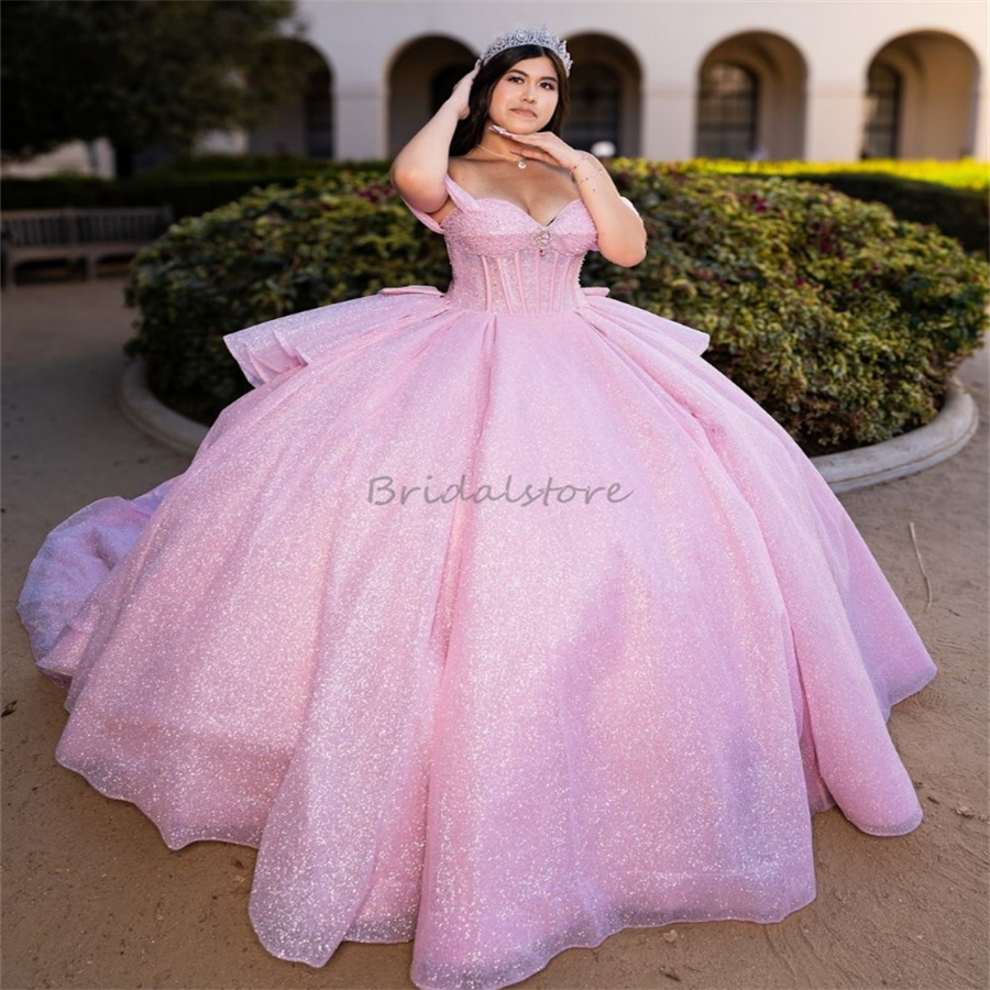 Glitter Pink Quinceanera Dresses Debutante Gorgeous Puffy Beaded Vestidos De 15 Quinceanera Elegant Charro Sweet 16 Dress Fifteen Birthday Formal Occa