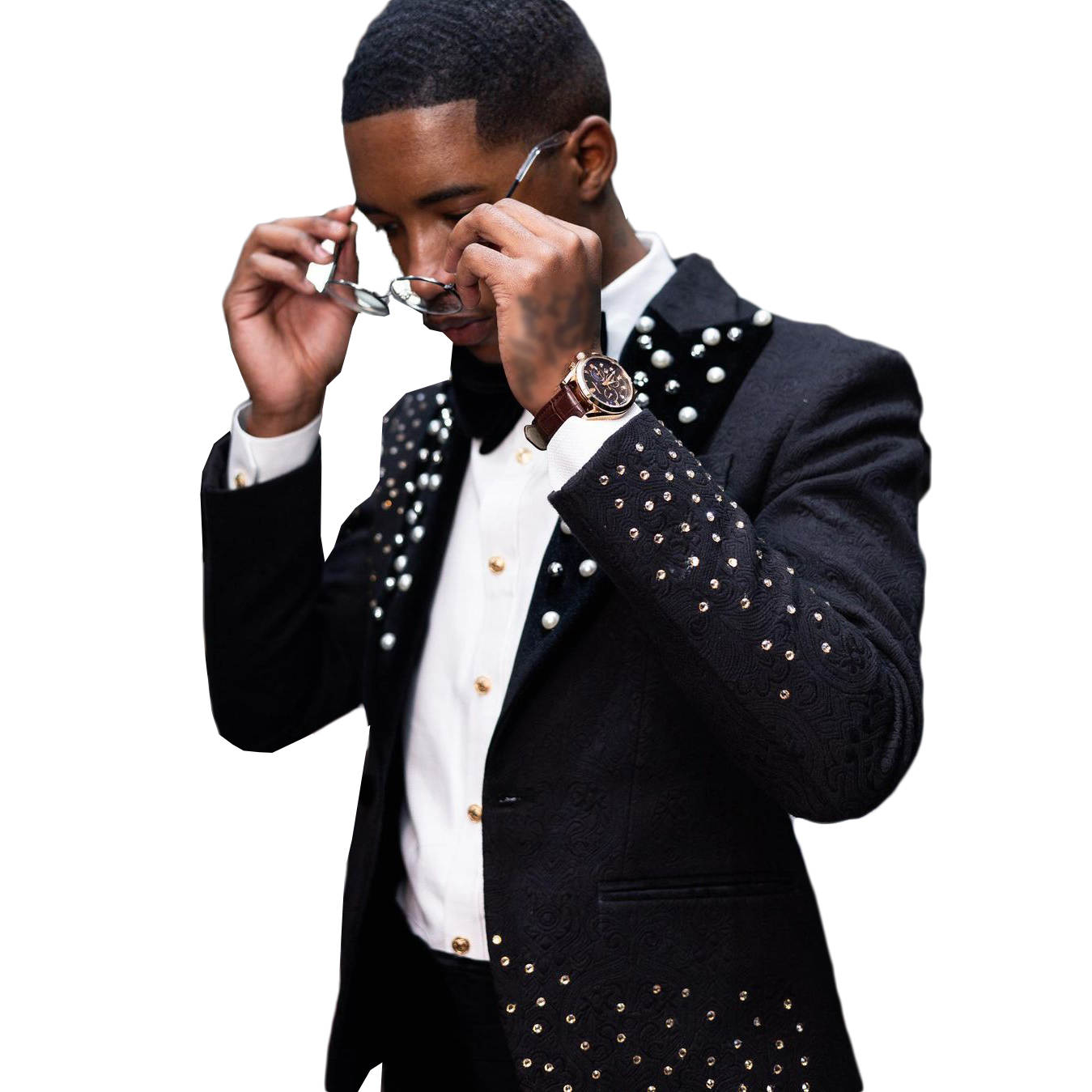 Handsome Wedding Suits Peaked Lapel Jacket 2 Piece Set Pearls Rheinstone Men's Tuxedo Tailored Dinner Prom Groom Blazer Custom Made(Coat+Pants)