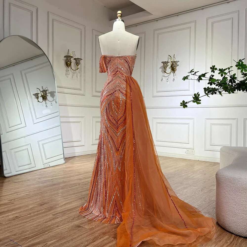 Serene Hill 2024 Orange Strapless Beaded Evening Gown with Side Skirt Elegant Party Dresses for Women DLA72662