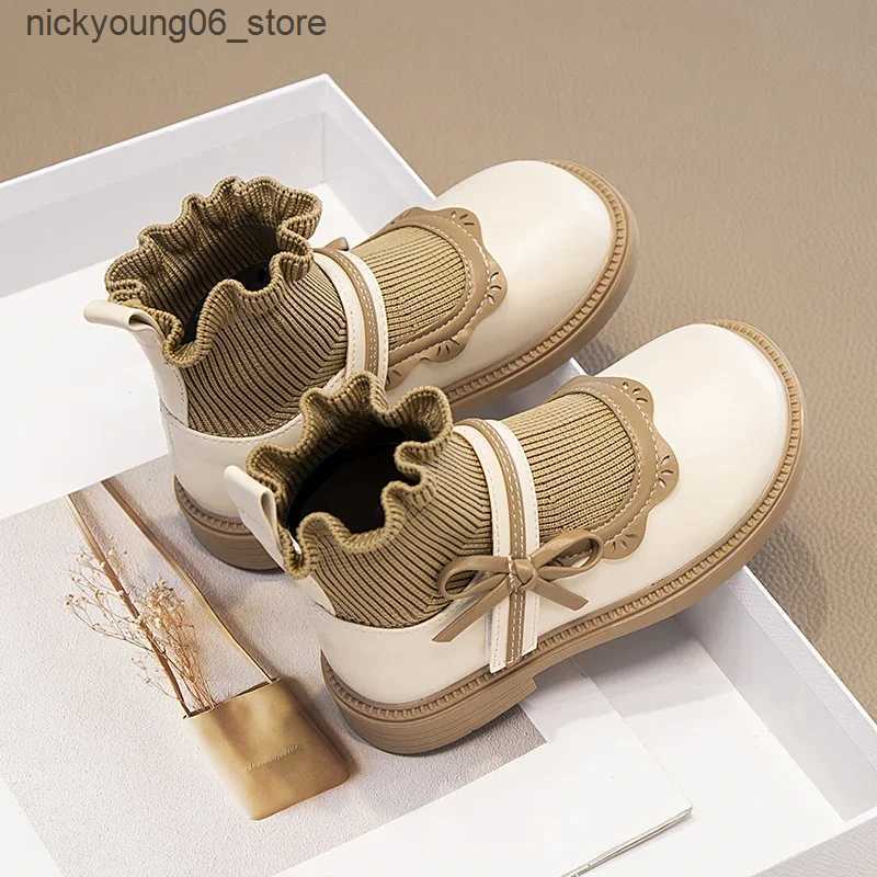 Boots Kids Sock Boots for Girls Hook Loop Color Matching Lace Fashion Children Leather Shoes Non-slip Sweet Princess Boots 2023 New L240910