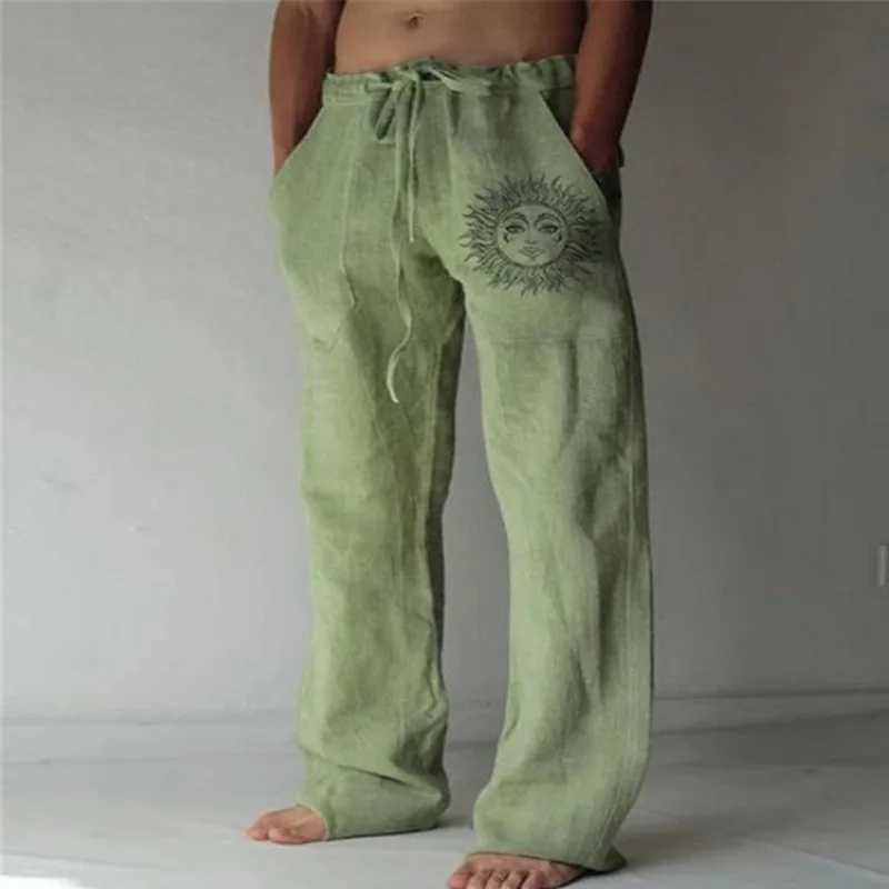 Mens Casual Pants sweatpants Sun Flower Print Full Length Pants Pocket Drawstring Linen Trousers MenX241008