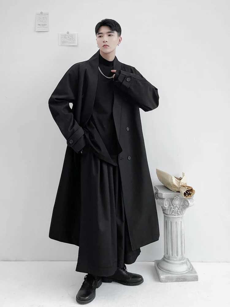 Mens fashionable loose knee coat autumn personalized large collar mid length double chest lace windproof machine W241007