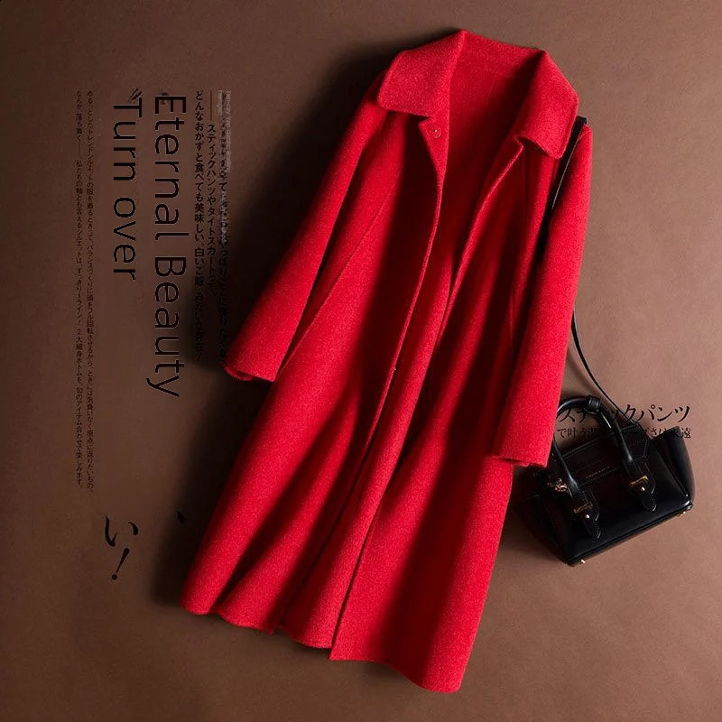 Autumn/winter Woolen Jacket Womens Medium-length Loose-fit Lapel Overcoat Trendy Korean Style 240927