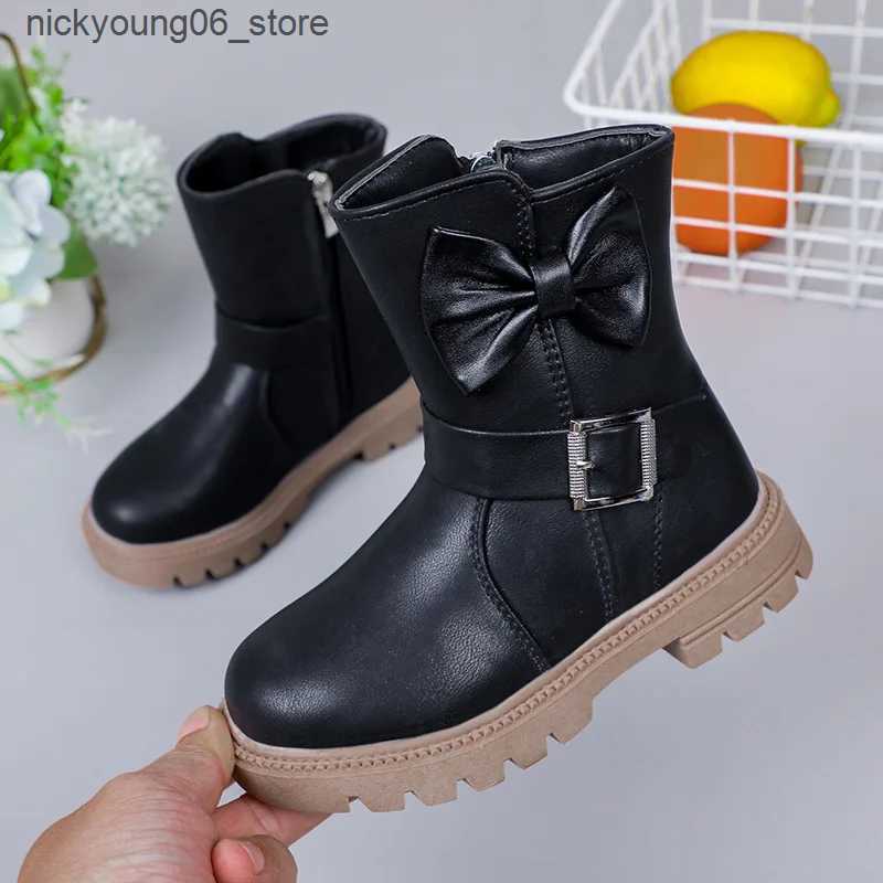 Boots Kids Martin Boots 2024 New Autumn Winter Plush Children Shoes Korean Style PU Leather Waterproof Bowtie Girls Princess Boots L240910