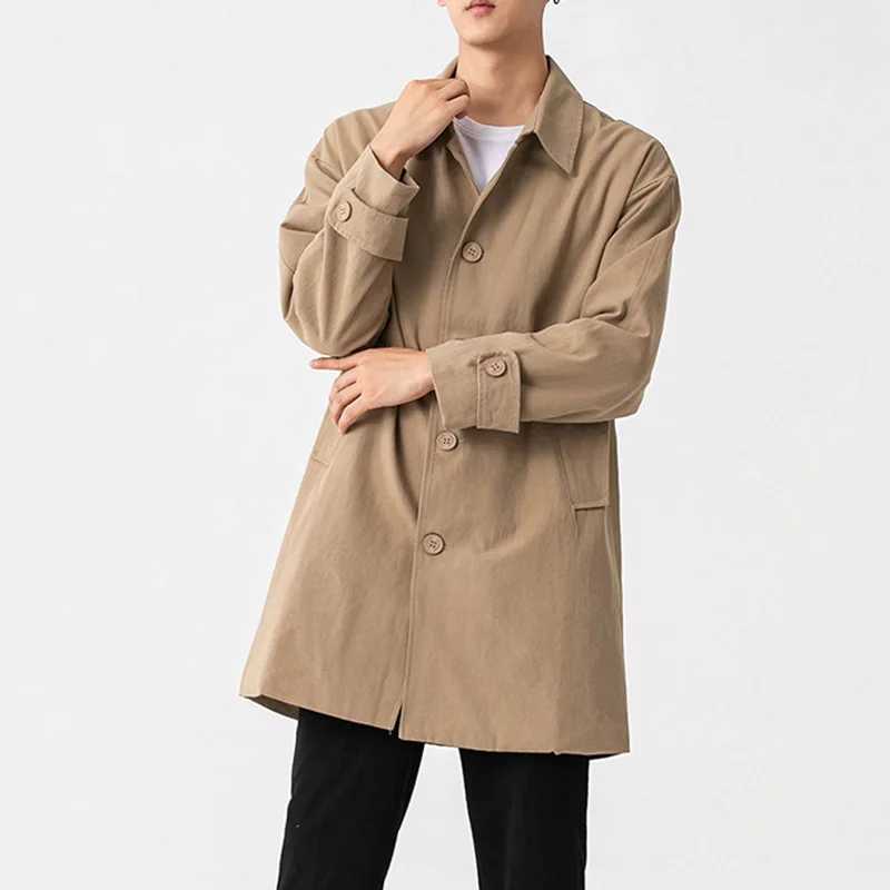 Mens Trench Loose Fashion City Business Leisure Mens Solid Color Medium to Long Japanese Style Youth Luxury Khaki Windbreaker W241007